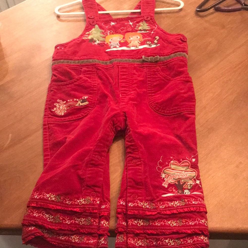 Red Girls' Corduroy Overalls with Holiday Embroidery
